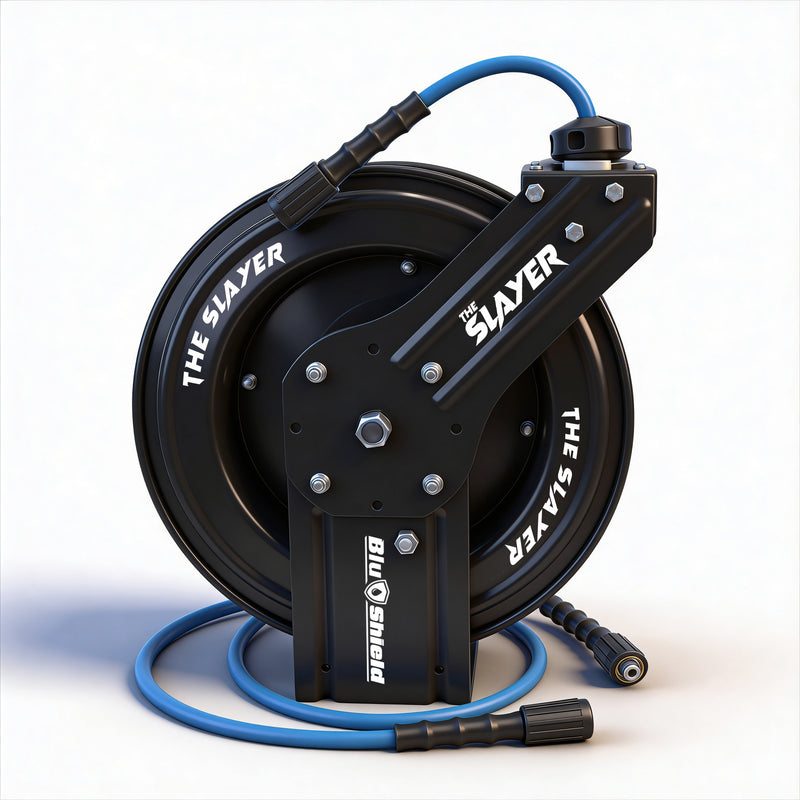 Blu Shield The Slayer Hybrid Pressure Washing Hose Reel 10mm (3/8") x 20m Blue – Dual Arm Auto Retractable Wall Mount Reel with 3/8" Fixed & Revolving Fittings, 242 Bar, Non-Marking, Kink-Resistant