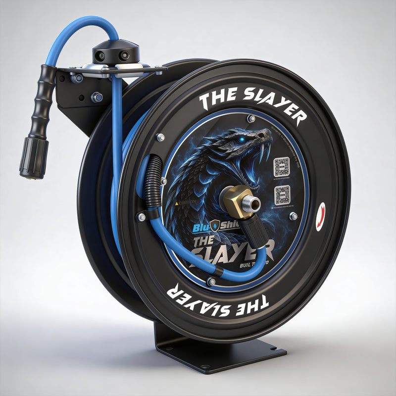 Zephyr Blu Shield The  Slayer Auto-Retractable Pressure Washer Hose Reel 06mm (1/4") × 20 m – Single Arm Wall Mount, Standard Fittings, 242 Bar