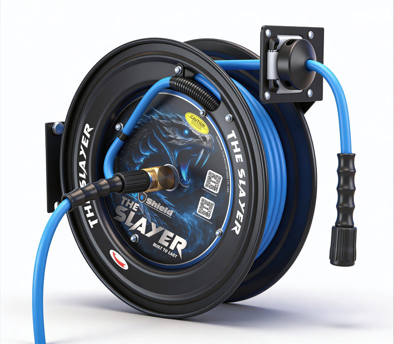 Zephyr Blu Shield The  Slayer Auto-Retractable Pressure Washer Hose Reel 06mm (1/4") × 20 m – Single Arm Wall Mount, Standard Fittings, 242 Bar
