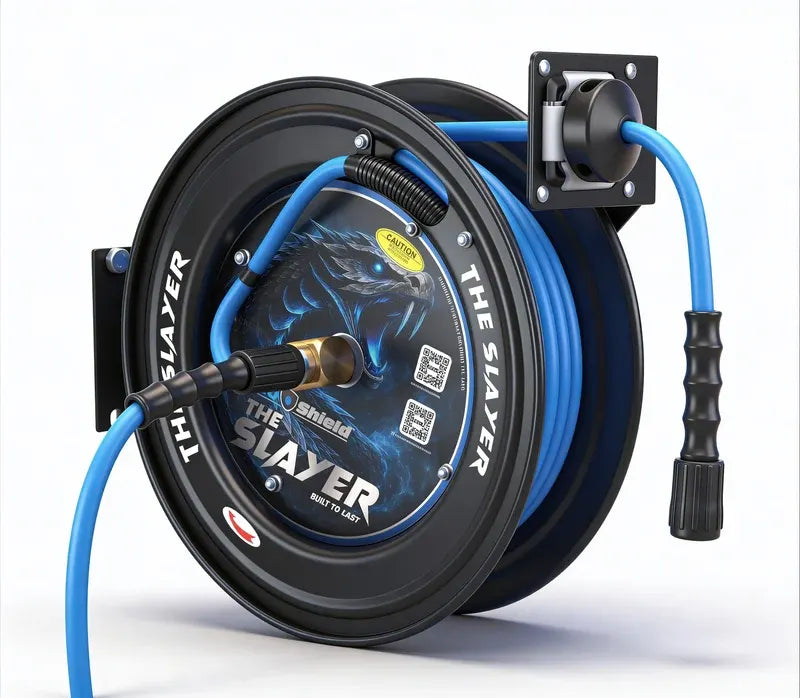 Zephyr Blu Shield The  Slayer Auto-Retractable Pressure Washer Hose Reel 06mm (1/4") × 20 m – Single Arm Wall Mount, Standard Fittings, 242 Bar
