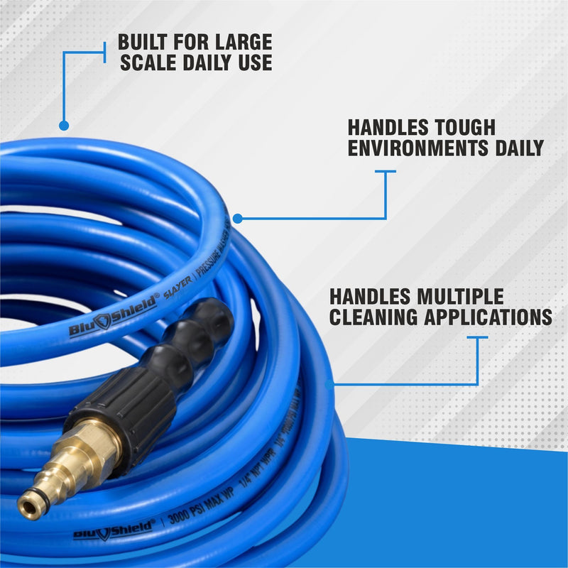 Blu Shield The Slayer Hybrid Pressure Washing Hose 6mm (1/4") x 15m Blue with Quick Connect – 242 Bar, Non-Marking, Kink-Resistant
