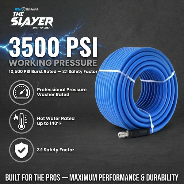 BluShield The Slayer Hybrid Pressure Washing Hose 10mm x 7.5m Blue with 3/8" Fixed & Revolving NPT Fittings – 3500 PSI, Non-Marking, Kink-Resistant