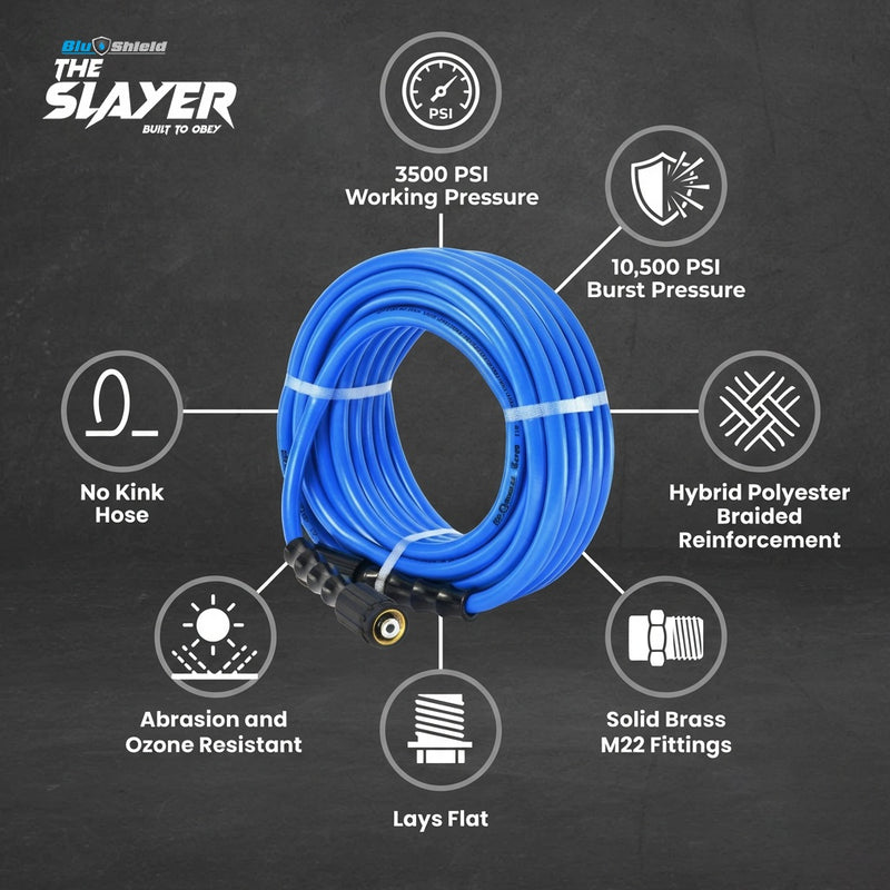 Zephyr Blu Shield The Slayer Hybrid Pressure Washer Hose 06mm (1/4") × 15 m – M22 Connectors, 242 Bar, Non-Marking, Kink-Resistant