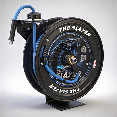 Blu Shield The Slayer Hybrid Pressure Washing Hose Reel 13mm (1/2") x 15m Blue – Dual Arm Auto Retractable Wall Mount Reel with 1/2" Fixed & Revolving Fittings, 242 Bar, Non-Marking, Kink-Resistant