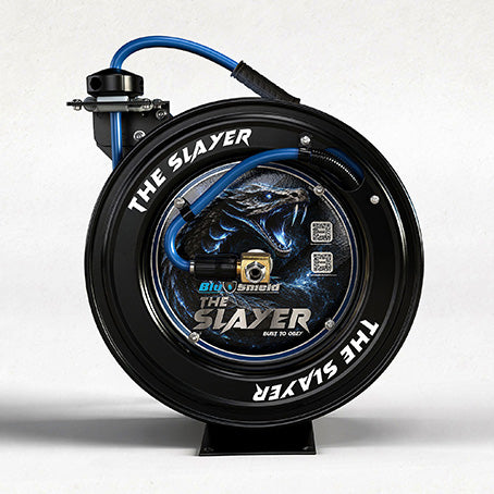 Blu Shield The Slayer Hybrid Pressure Washing Hose Reel 10mm (3/8") x 20m Blue – Dual Arm Auto Retractable Wall Mount Reel with 3/8" Fixed & Revolving Fittings, 242 Bar, Non-Marking, Kink-Resistant