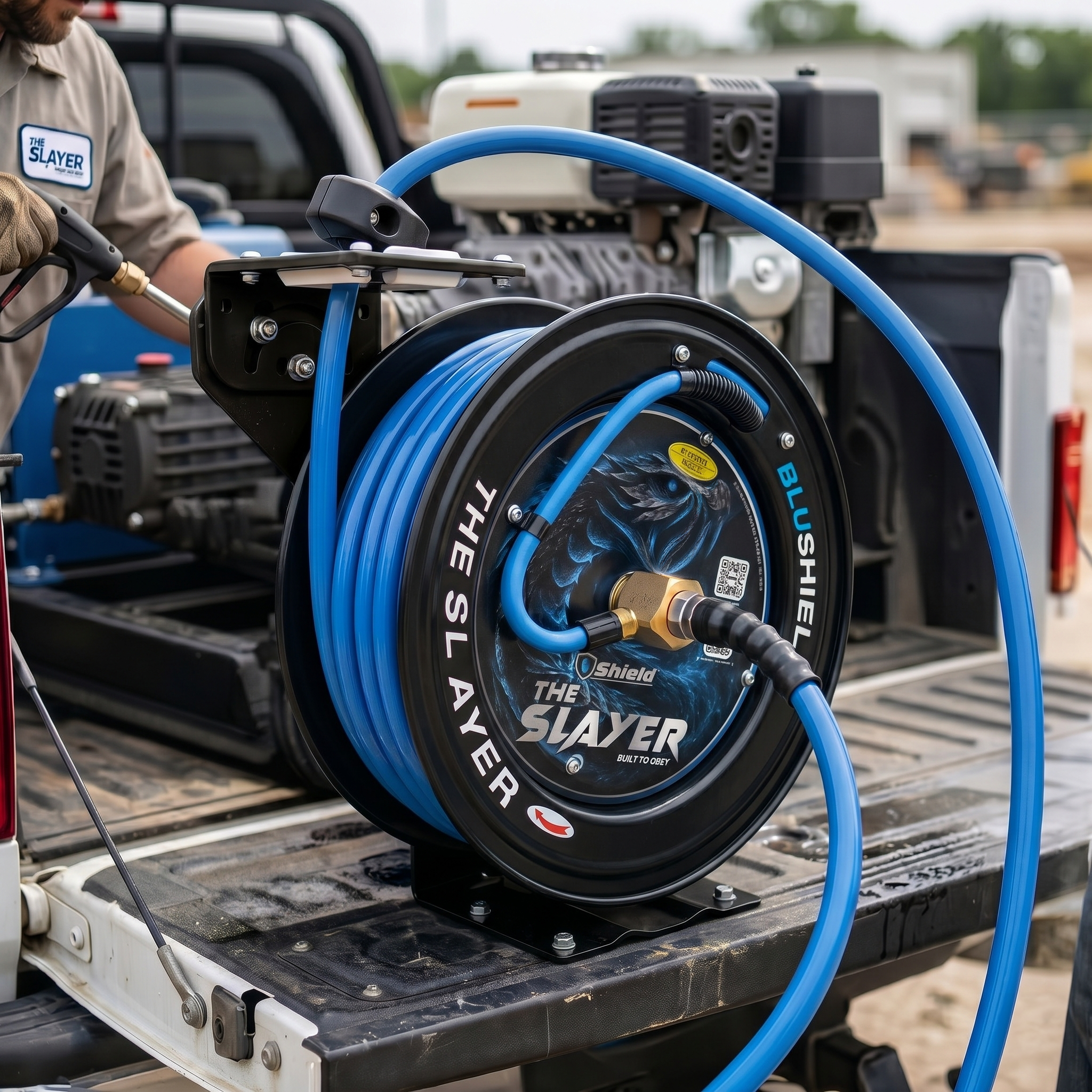 Blu Shield The Slayer Hybrid Pressure Washing Hose Reel 13mm (1/2") x 20m Blue – Dual Arm Auto Retractable Wall Mount Reel with 1/2" Fixed & Revolving Fittings, 242 Bar, Non-Marking, Kink-Resistant