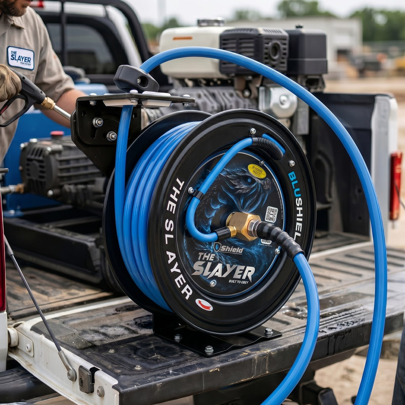 Blu Shield The Slayer Hybrid Pressure Washing Hose Reel 10mm (3/8") x 20m Blue – Dual Arm Auto Retractable Wall Mount Reel with 3/8" Fixed & Revolving Fittings, 242 Bar, Non-Marking, Kink-Resistant
