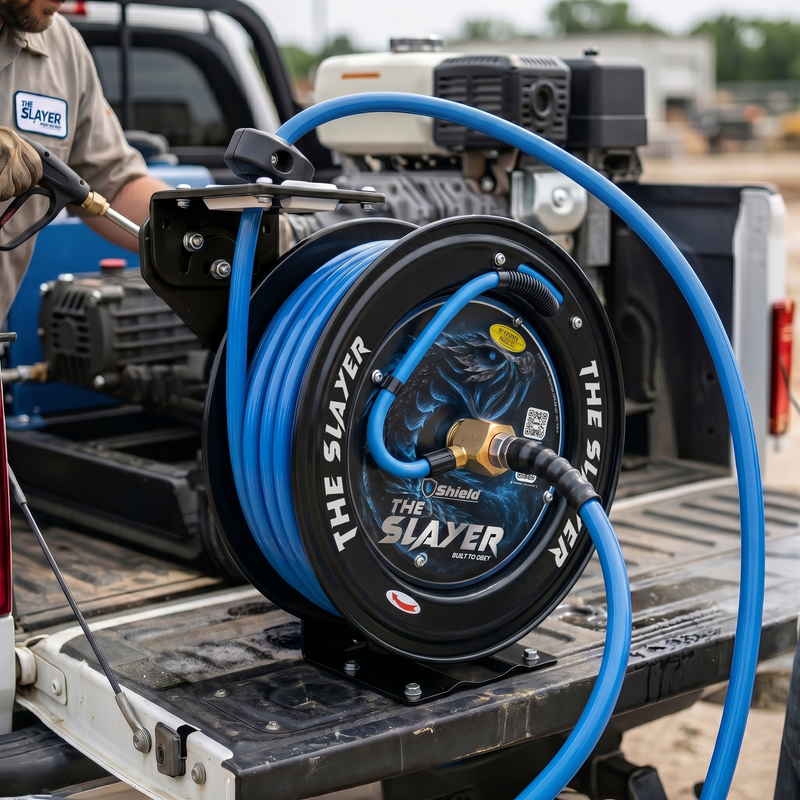 Blu Shield The Slayer Hybrid Pressure Washing Hose Reel 13mm (1/2") x 20m Blue – Dual Arm Auto Retractable Wall Mount Reel with 1/2" Fixed & Revolving Fittings, 242 Bar, Non-Marking, Kink-Resistant