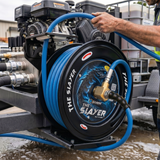 Blu Shield The Slayer Hybrid Pressure Washing Hose Reel 13mm (1/2") x 20m Blue – Dual Arm Auto Retractable Wall Mount Reel with 1/2" Fixed & Revolving Fittings, 242 Bar, Non-Marking, Kink-Resistant
