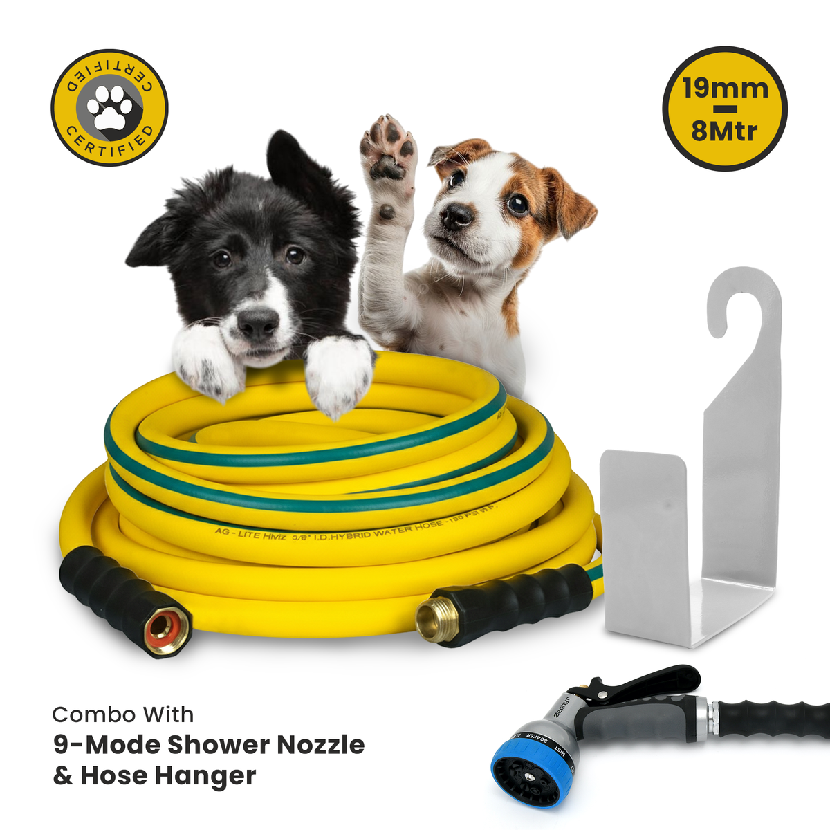Zephyr All in One PET Wash Bundle with Hose, 9-Mode Shower Nozzle & Hose Hanger for Home & Garden (19mm × 8M)