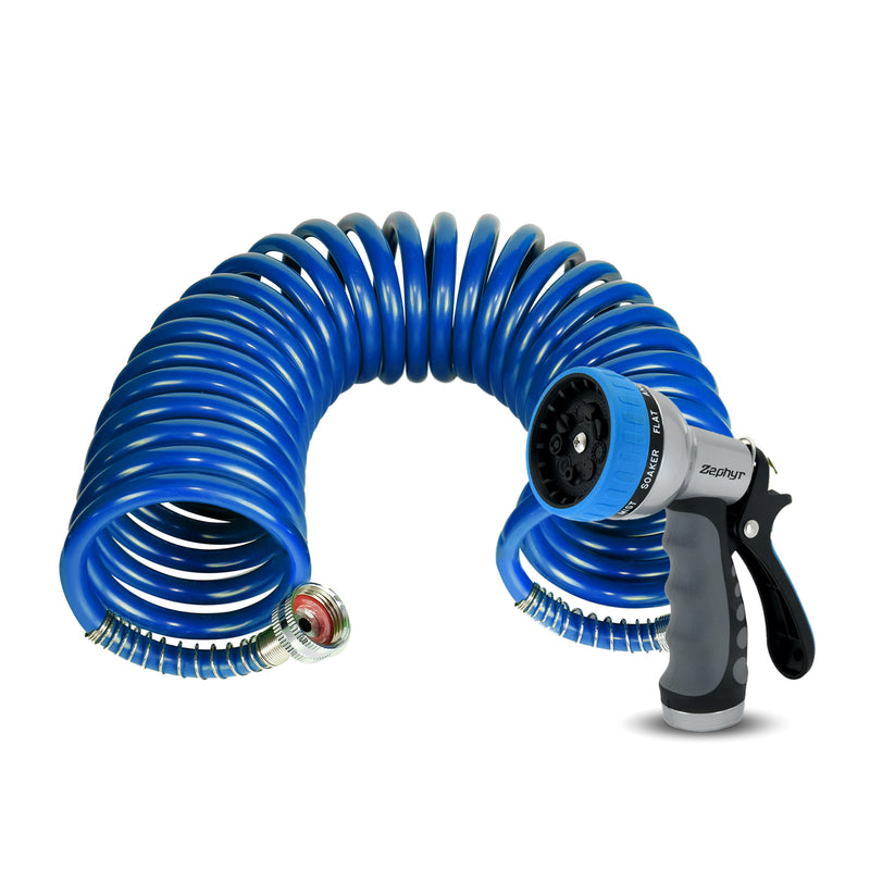 Zephyr Pet Wash Recoil Hose with 4-Pattern Push-Button Cyclone Nozzle (5/8" ID × 8m / 26ft Length)