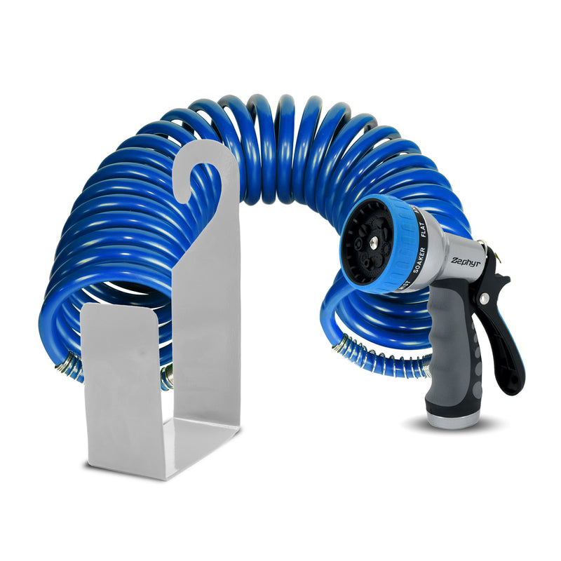 Zephyr Pet Wash Recoil Hose with 4-Pattern Push-Button Cyclone Nozzle & Hose Hanger (5/8" / 10mm × 8m / 26ft Length)