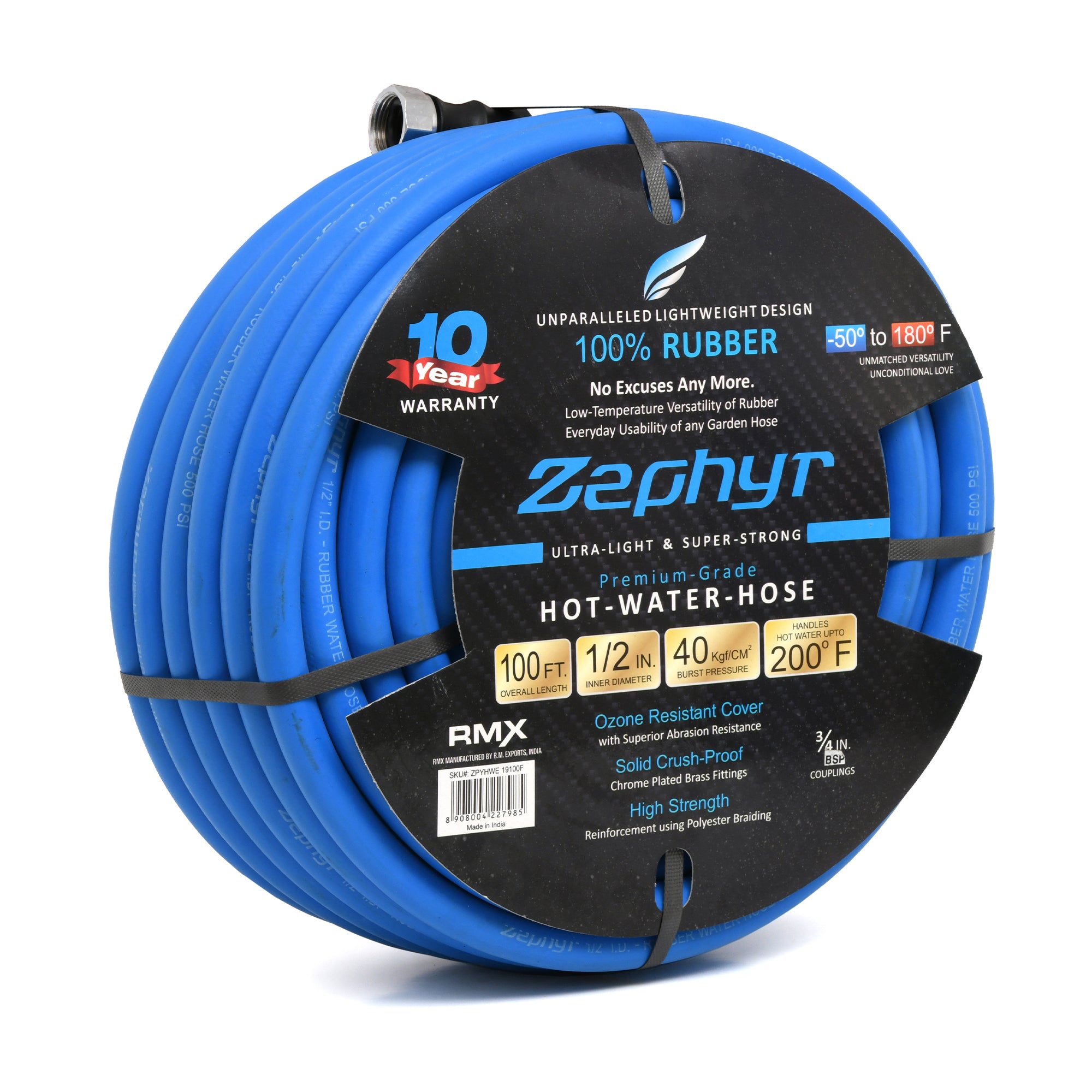 Zephyr Next-Gen Garden Hose (3/4" x 100ft, Ultra-Light Flexible Rubber, Brass Fittings)