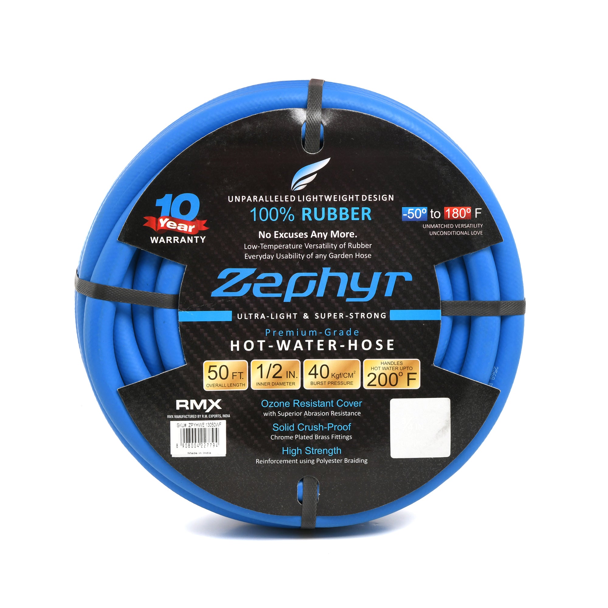 Zephyr Next-gen Garden Hose (1/2" x 50ft, Ultra-Light Flexible Rubber, No Fittings), Blue