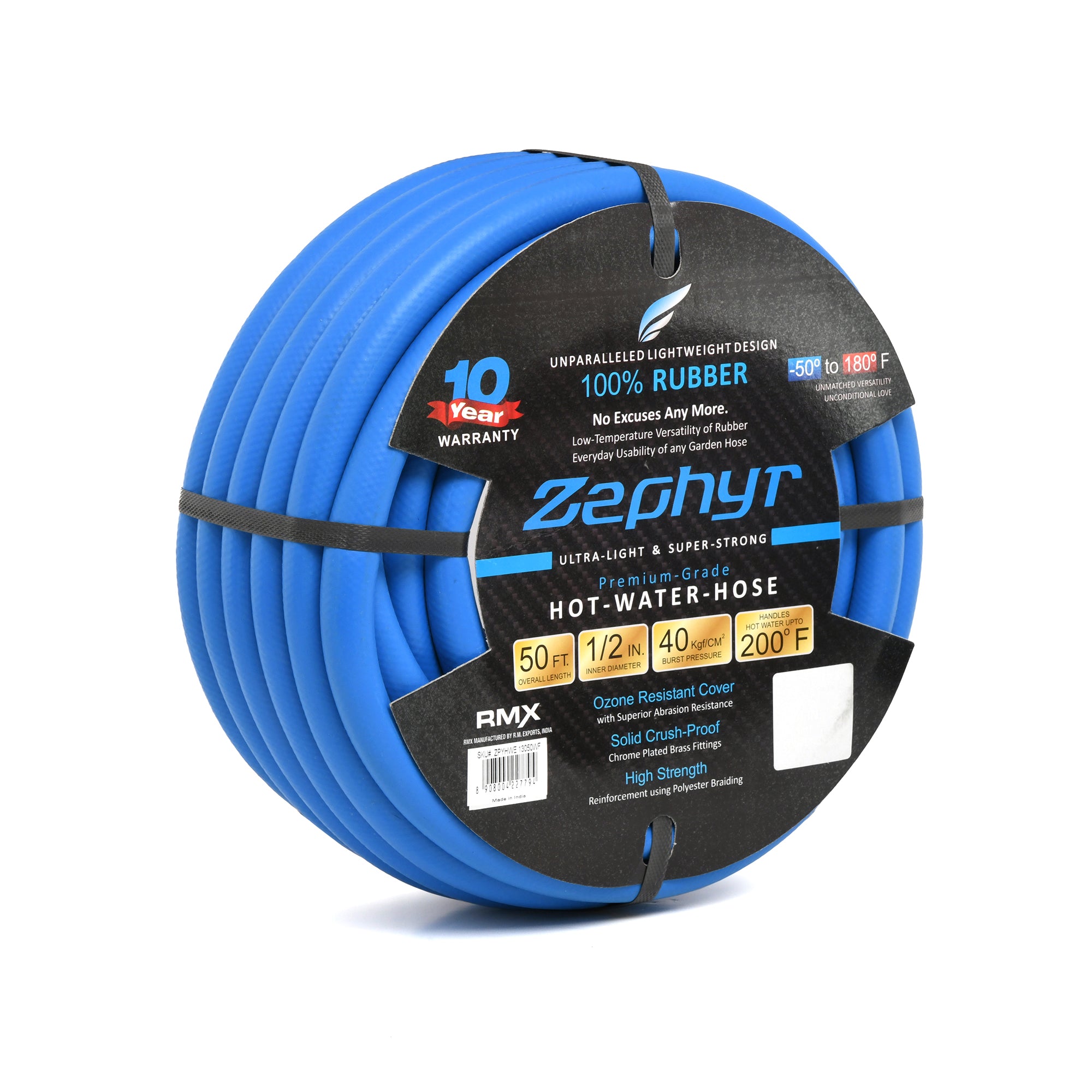 Zephyr Next-gen Garden Hose (1/2" x 50ft, Ultra-Light Flexible Rubber, No Fittings), Blue