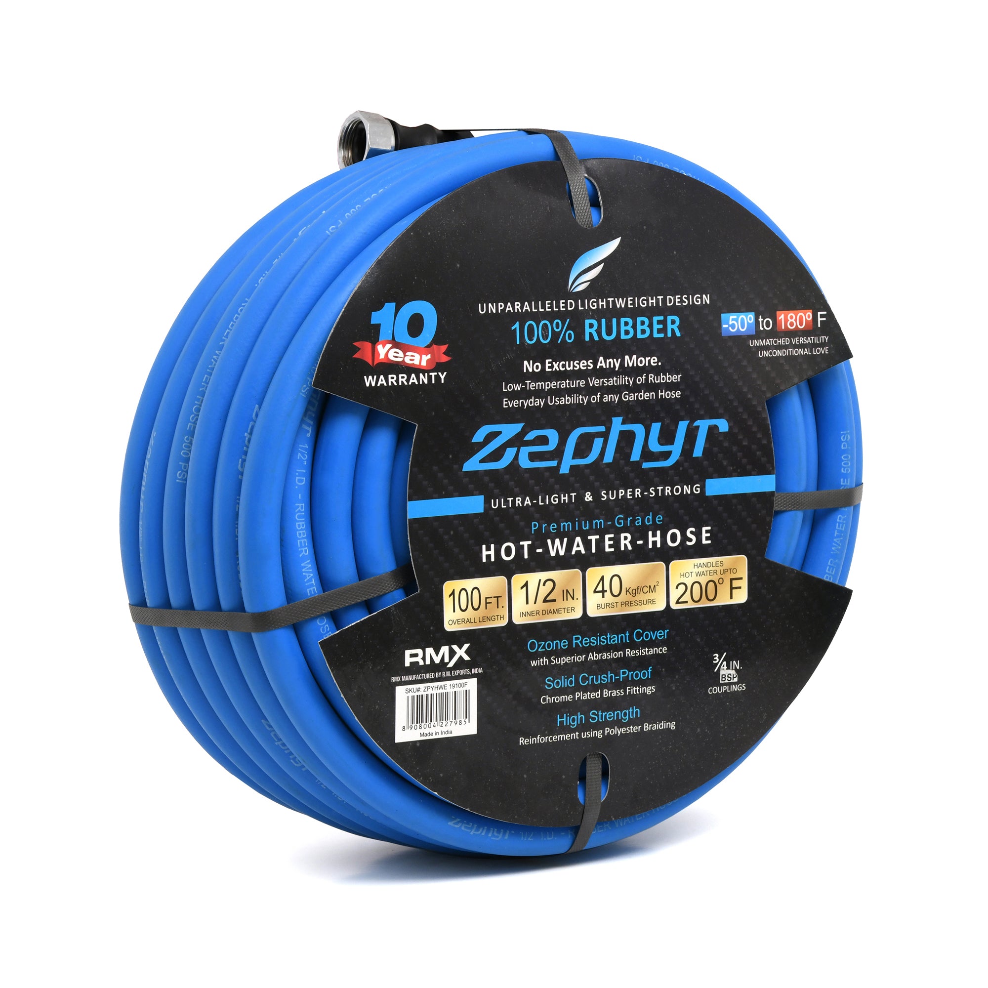 Zephyr Next-Gen Garden Hose (1/2" x 100ft, Ultra-Light Flexible Rubber, Brass Fittings), Blue, ?38.1 x 38.1 x 17.78 cm