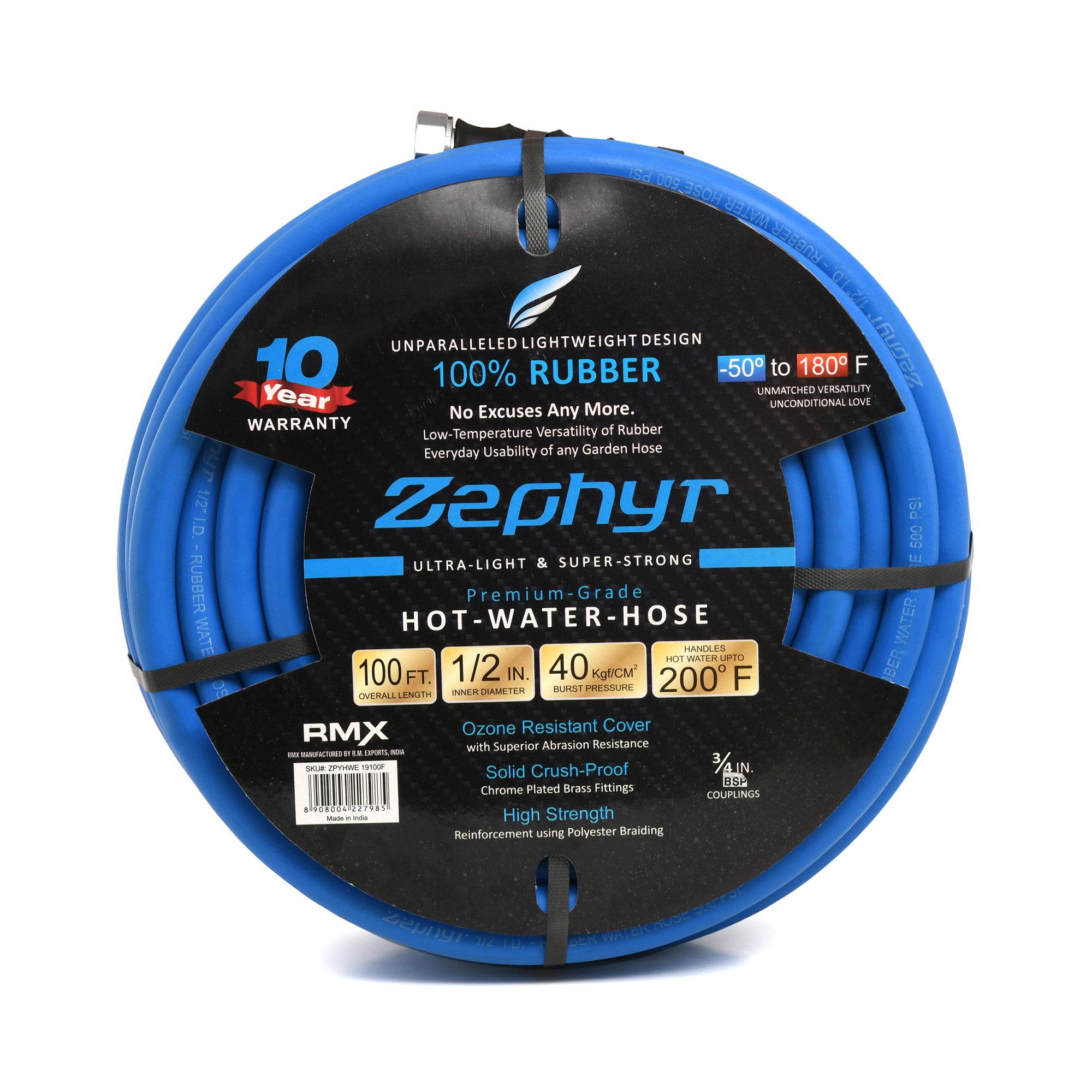 Zephyr Next-Gen Garden Hose (1/2" x 100ft, Ultra-Light Flexible Rubber, Brass Fittings), Blue, ?38.1 x 38.1 x 17.78 cm