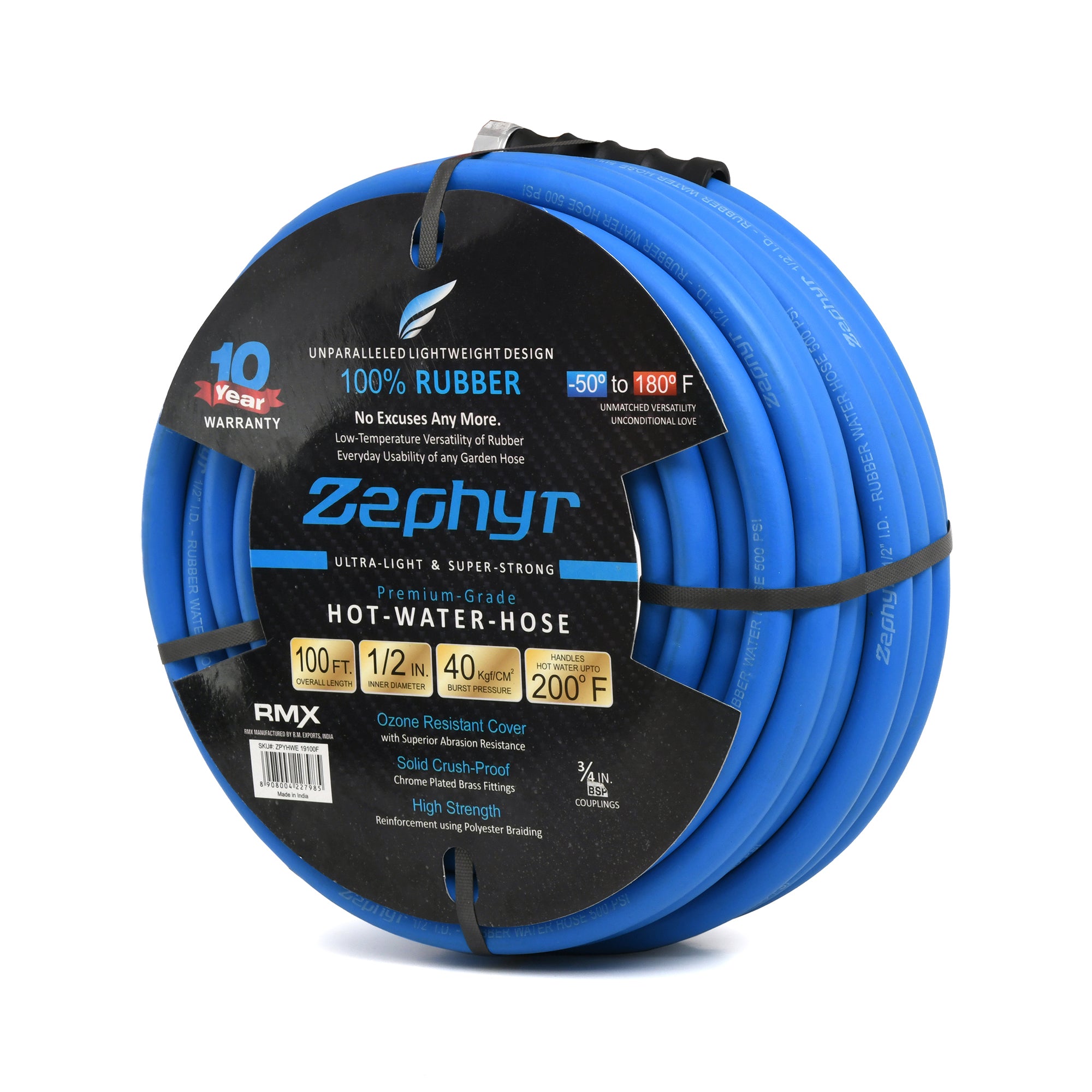 Zephyr Next-Gen Garden Hose (1/2" x 100ft, Ultra-Light Flexible Rubber, Brass Fittings), Blue, ?38.1 x 38.1 x 17.78 cm