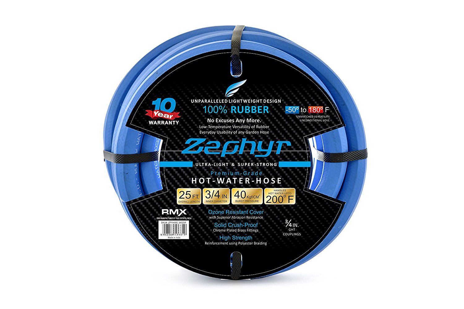 Zephyr Next-Gen Rubber Garden Hose - Ultra-Light yet Super-Strong - 3/4" x 25' (15m) w/ 10 year Warranty With Brass End-fittings, Blue