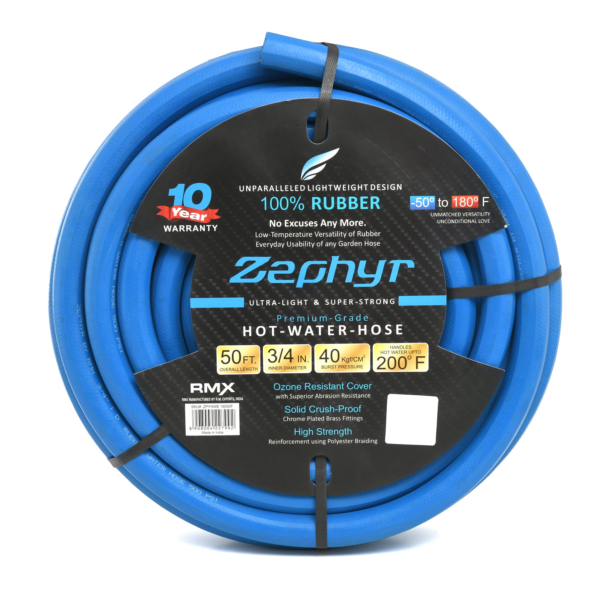 Zephyr Next-Gen Rubber Garden Hose (3/4" x 50", Ultra-Light yet Super-Strong, No Fittings)