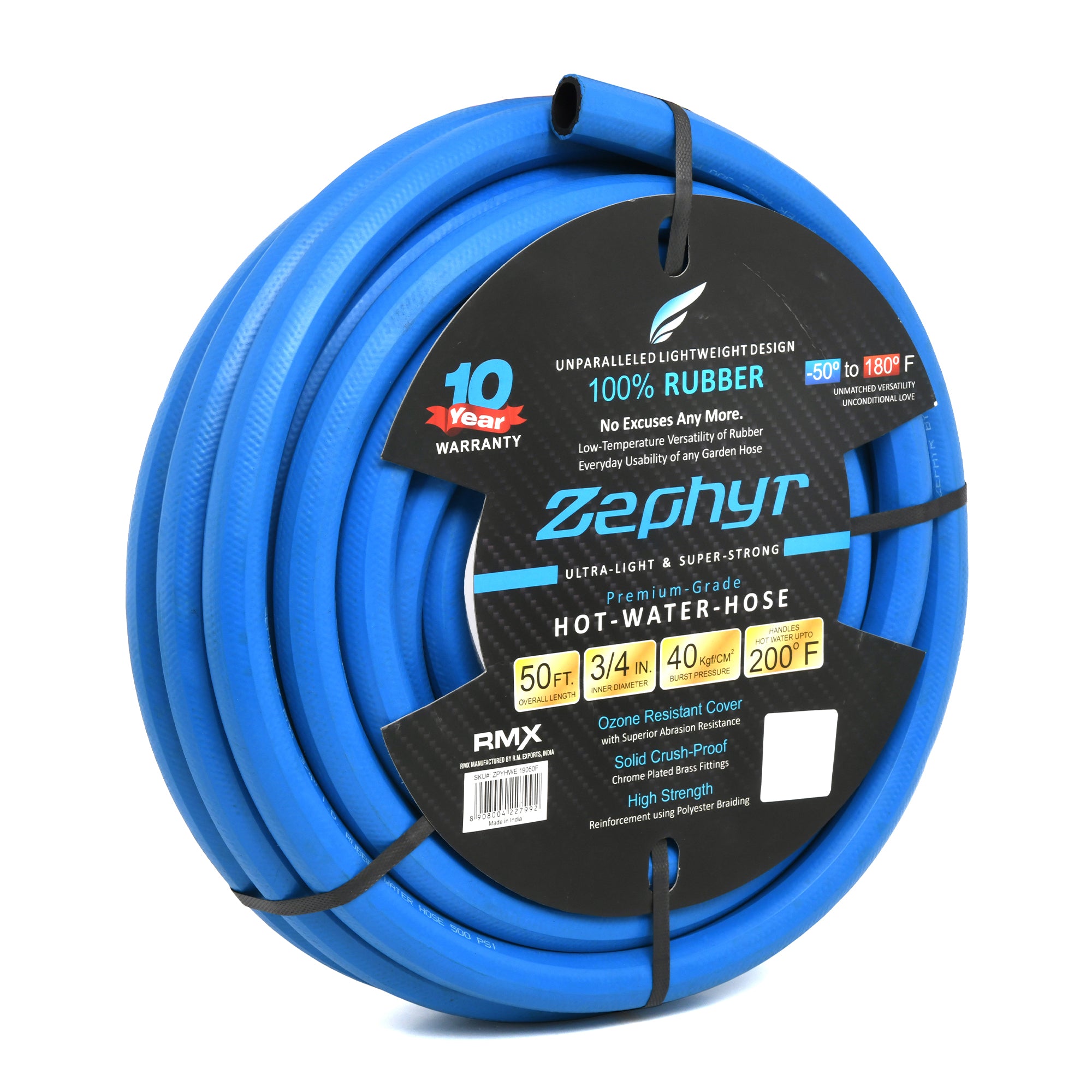 Zephyr Next-Gen Rubber Garden Hose (3/4" x 50", Ultra-Light yet Super-Strong, No Fittings)