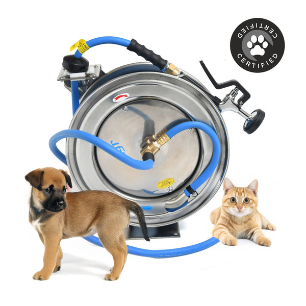Zephyr Pet Wash Station Auto-Retractable Metal Hose Reel with GentleFlow Shower Gun (13mm × 15M) Handles Hot & Cold