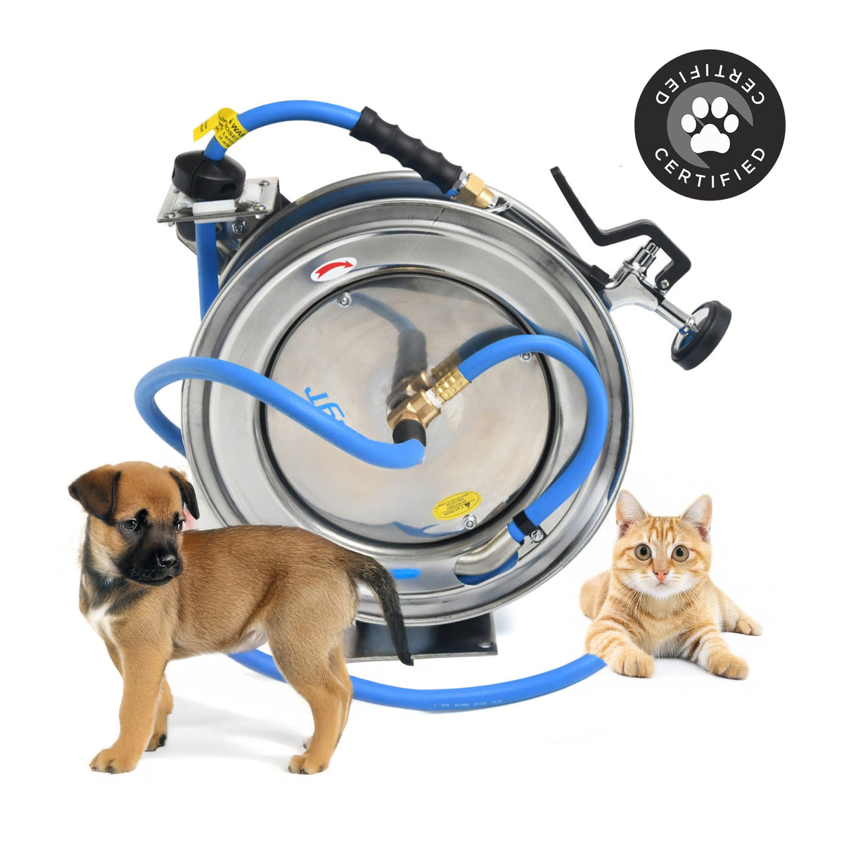 Zephyr Pet Wash Station Auto-Retractable 305 Food Grade Stainless Steel Hose Reel with GentleFlow Shower Gun (13mm ×