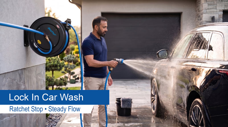 Zephyr Retractable Water Hose Reel with Spray Gun (Heavy-Duty | Multiple Colors)