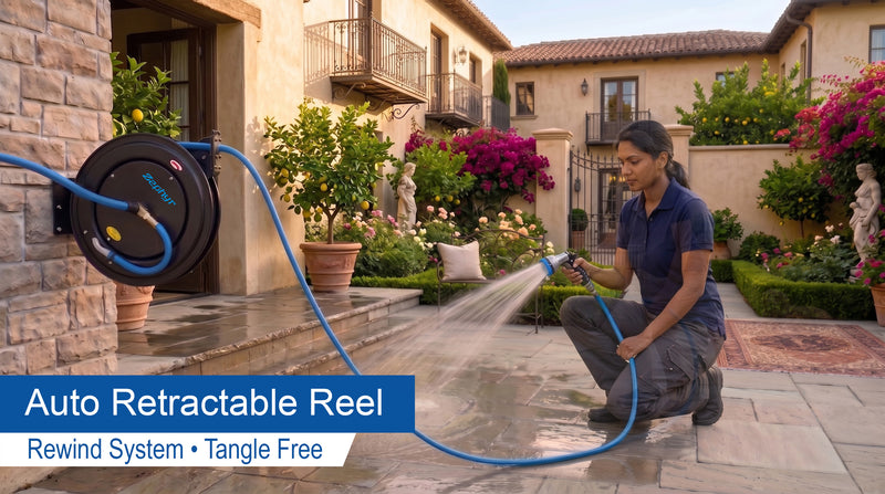 Zephyr Retractable Water Hose Reel with Spray Gun (Heavy-Duty | Multiple Colors)