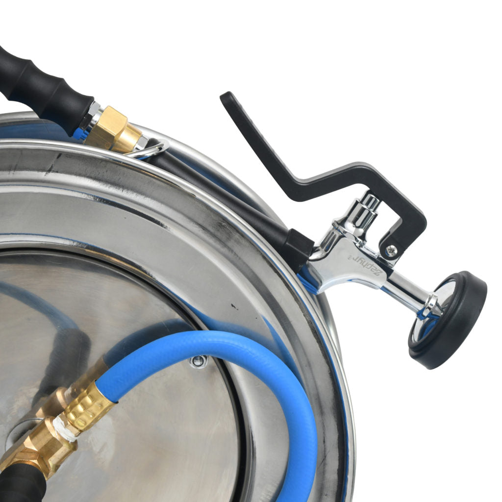 Zephyr Pet Wash Station Auto-Retractable 305 Food Grade Stainless Steel Hose Reel with GentleFlow Shower Gun (13mm ×