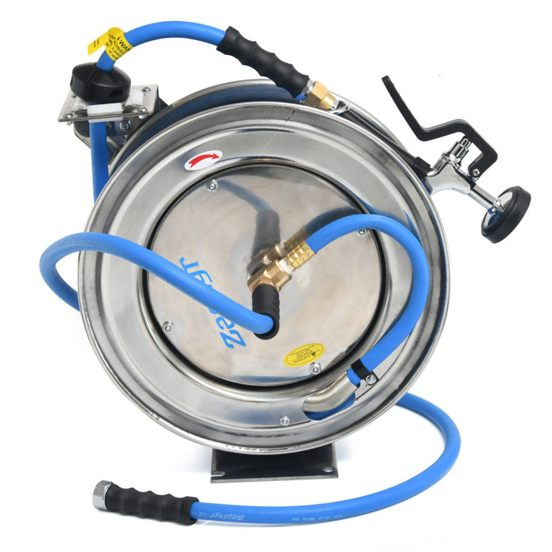 Zephyr Pet Wash Station Auto-Retractable 305 Food Grade Stainless Steel Hose Reel with GentleFlow Shower Gun (13mm × 15M)