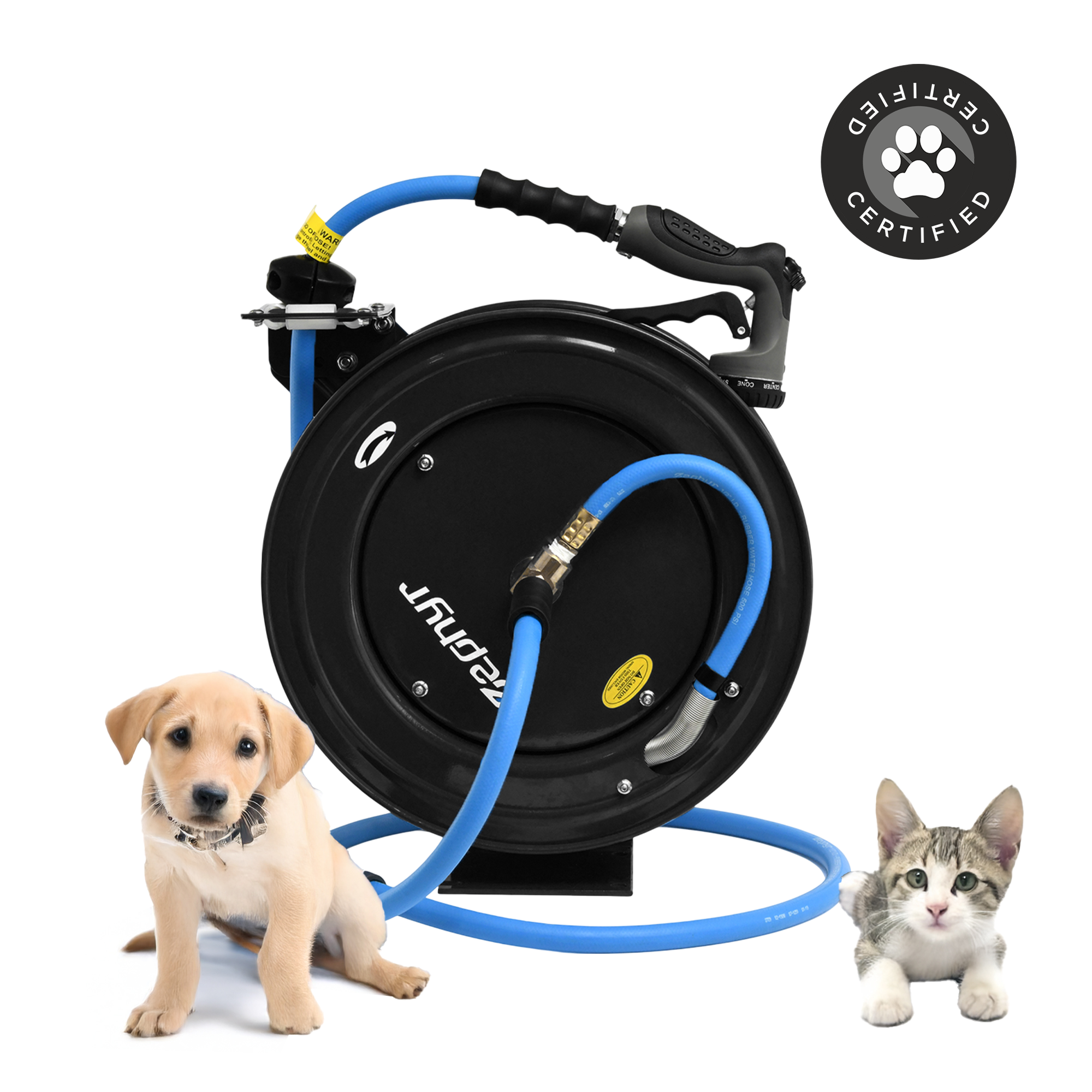 Zephyr Auto-Retractable Garden Hose Reel | Heavy-Duty | Made in India | w/ 3/4in x 50ft Zephyr Hose and HD Spray Gun - Black