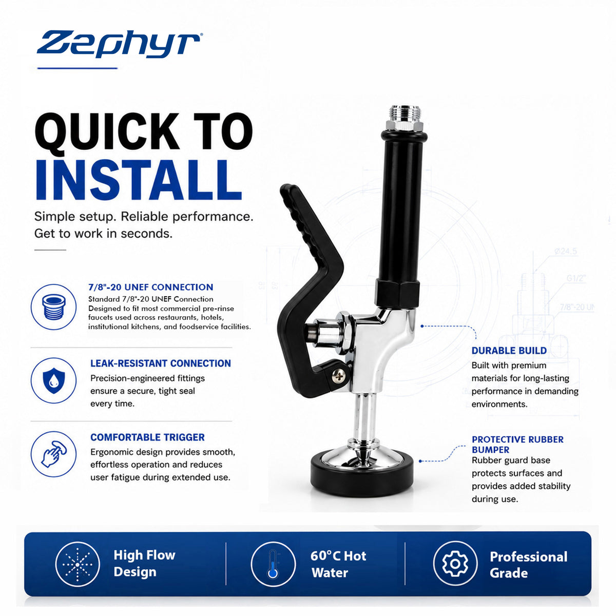 Zephyr Heavy-Duty Pre-Rinse Sprayer (Flat-Head) – Ideal for Kitchens and Commercial Cleaning