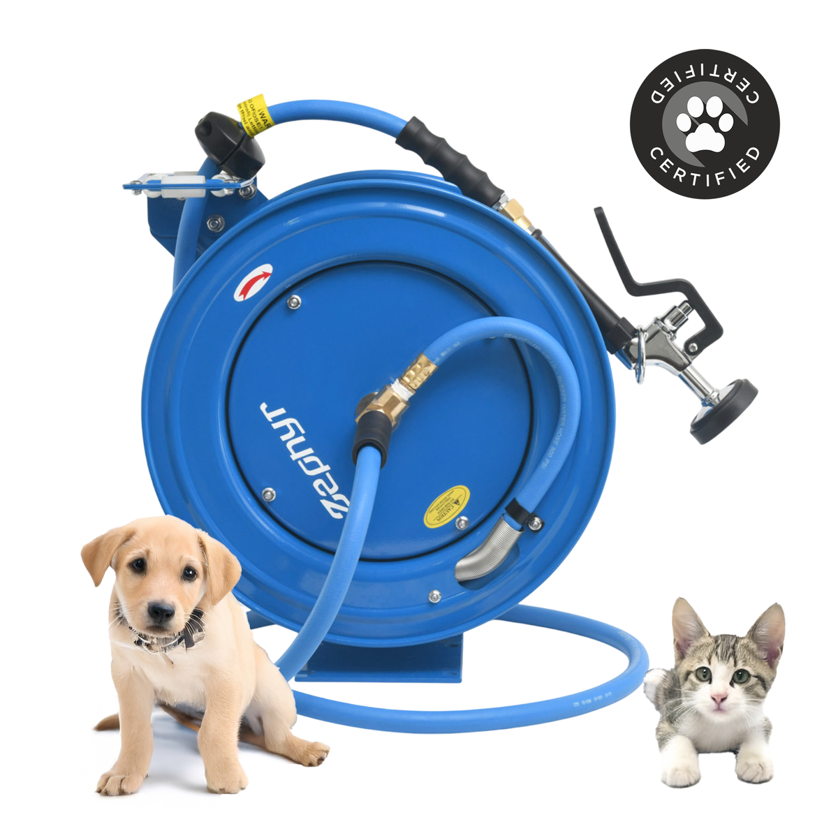 Zephyr Pet Wash Station Auto-Retractable Metal Hose Reel with GentleFlow Shower Gun (19mm × 10M) Handles Hot & Cold