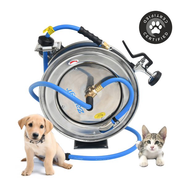 Zephyr Pet Wash Station Auto-Retractable 305 Food Grade Stainless Steel Hose Reel with GentleFlow Shower Gun (13mm ×